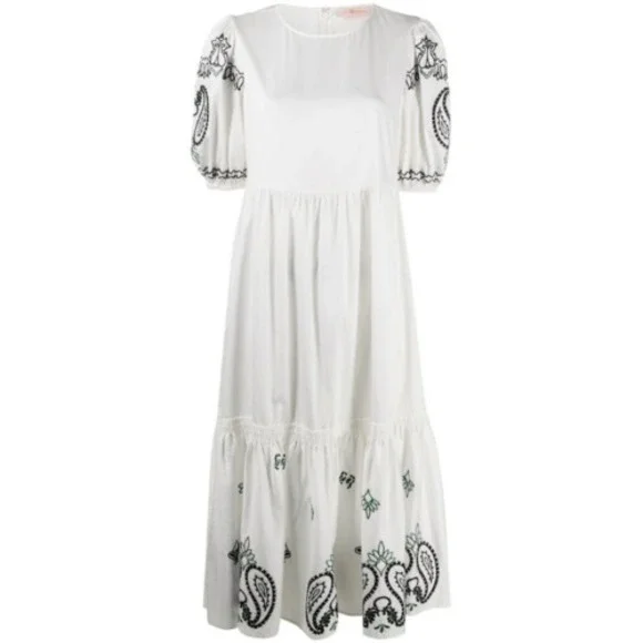 Tory Burch Paisey embroidered cotton puff sleeve tiered ruffle midi dress  size M